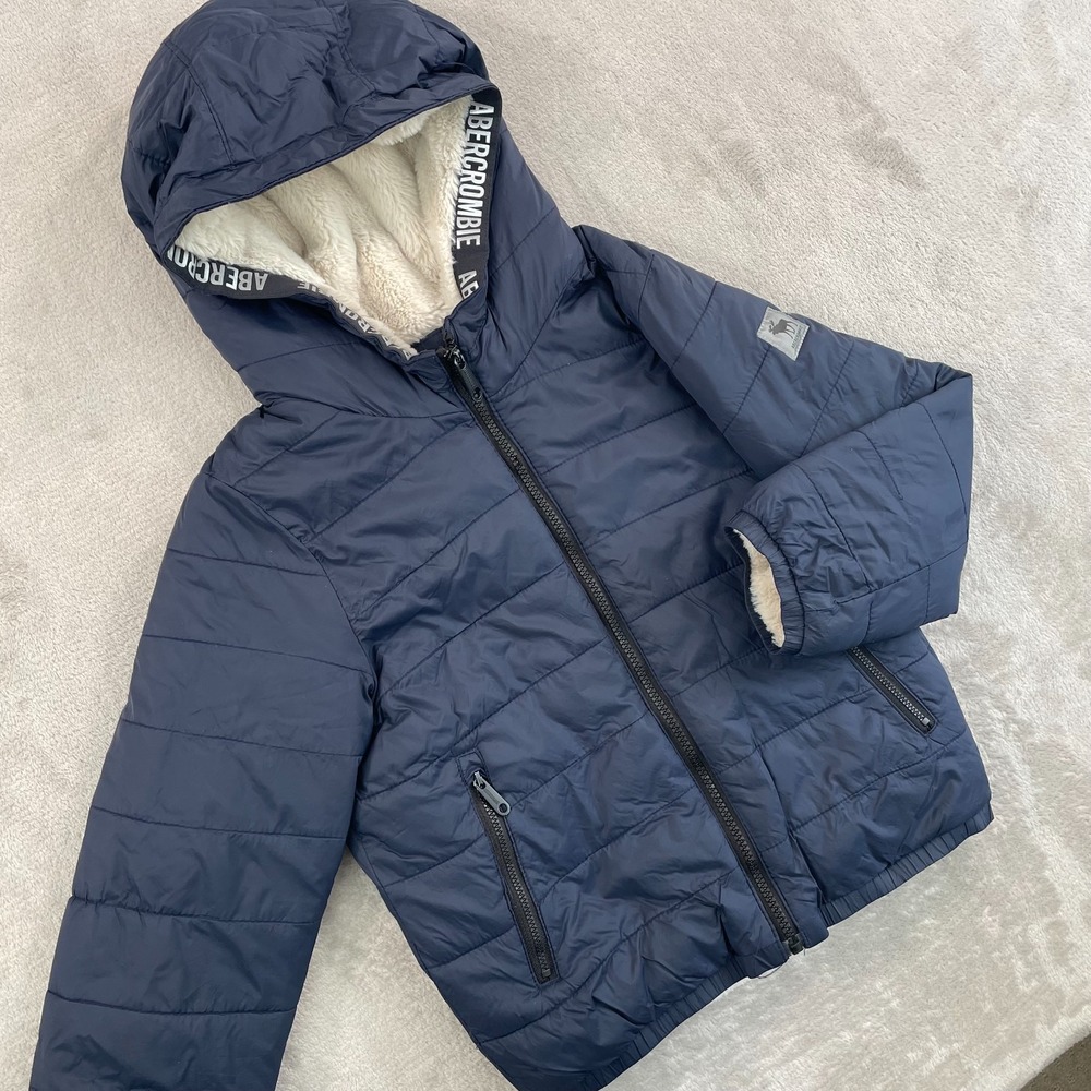 Abercrombie Kids Puffer Jackets 7/8 Navy Blue Faux Fur Lining Full Zip Hooded